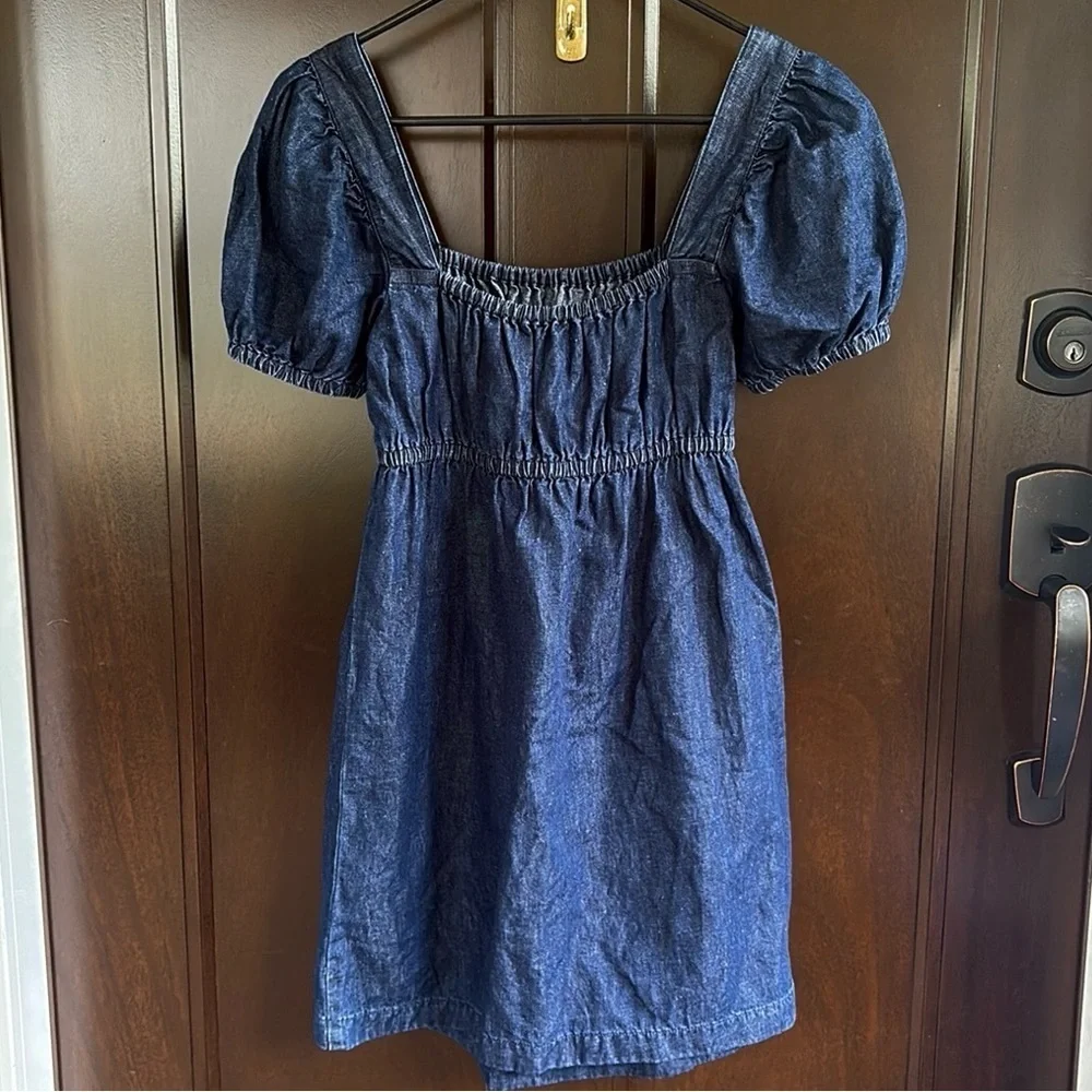 EUC J. Crew Linen Blend Denim Square Neck Puff Sleeve Dress Size 00 - Picture 8 of 9